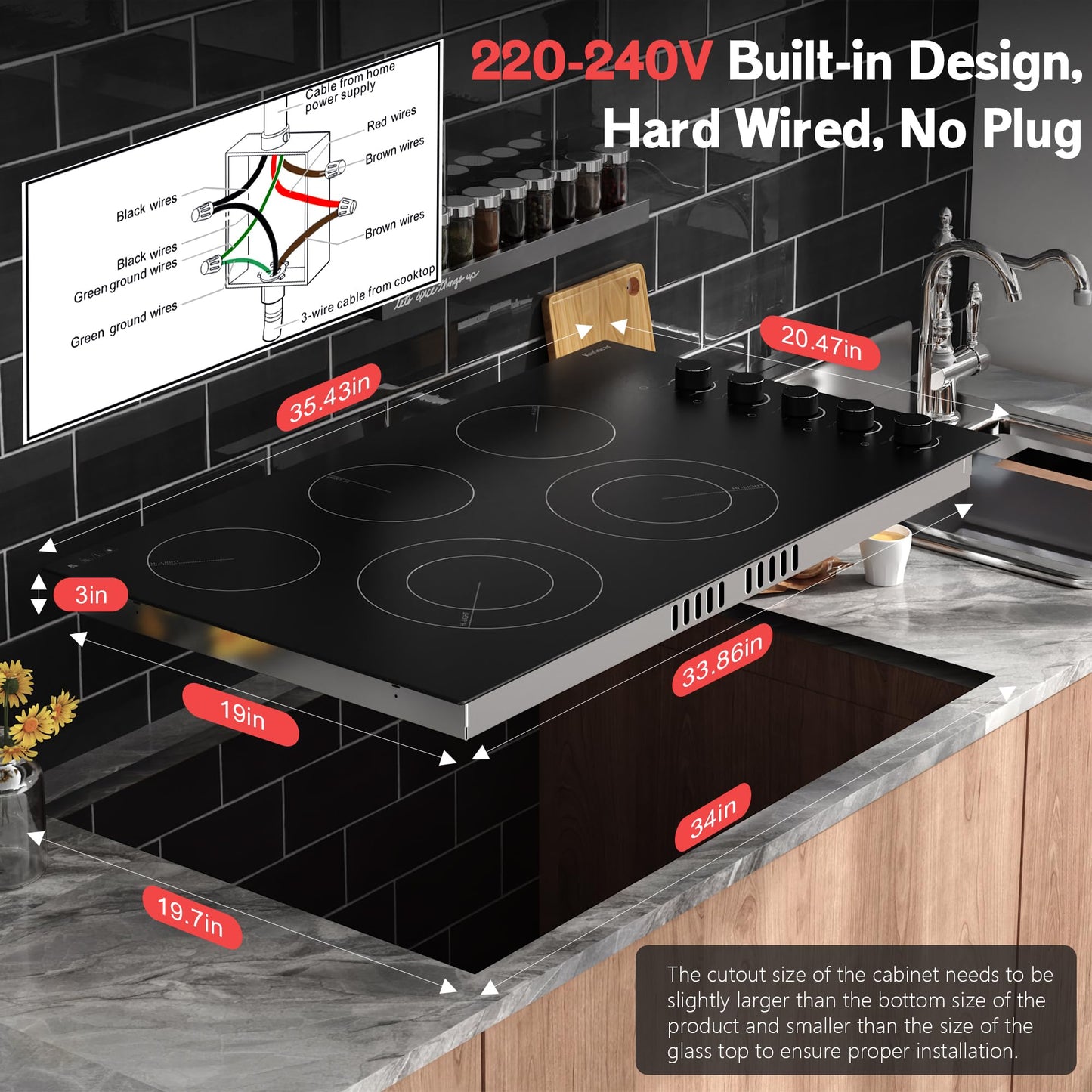 Karinear 36" Electric Cooktop 5 Burners, Knob Control Electric Stove Top, 9 Power Levels, Residual Heat Indicator, 8400W, 40A, 240V Hardwire(Black)