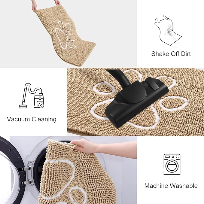 Smiry Dog Door Mat for Muddy Paws, Absorbent Dirt Trapper Non Slip Quick Dry Washable Chenille Mat for Mud Dogs, Entry Rug for Indoor and Outdoor (36x24 Inches, Beige and White)