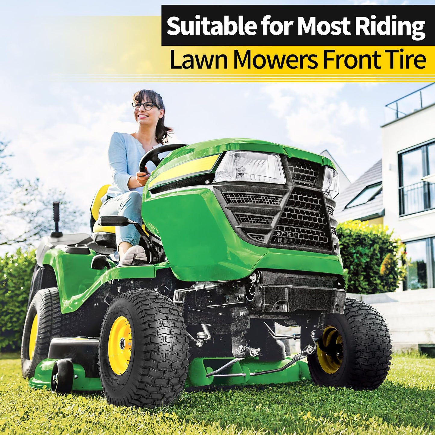 RONPOW 15x6.00-6nhs Lawn Mower Tires and Wheels, Riding Lawn Mower and Tractor Front Pneumatic Tire Replacement Assembly, Compatible with john deere Mower, 3" Offset Hub, 3/4" Bearing, 2Pack Yellow