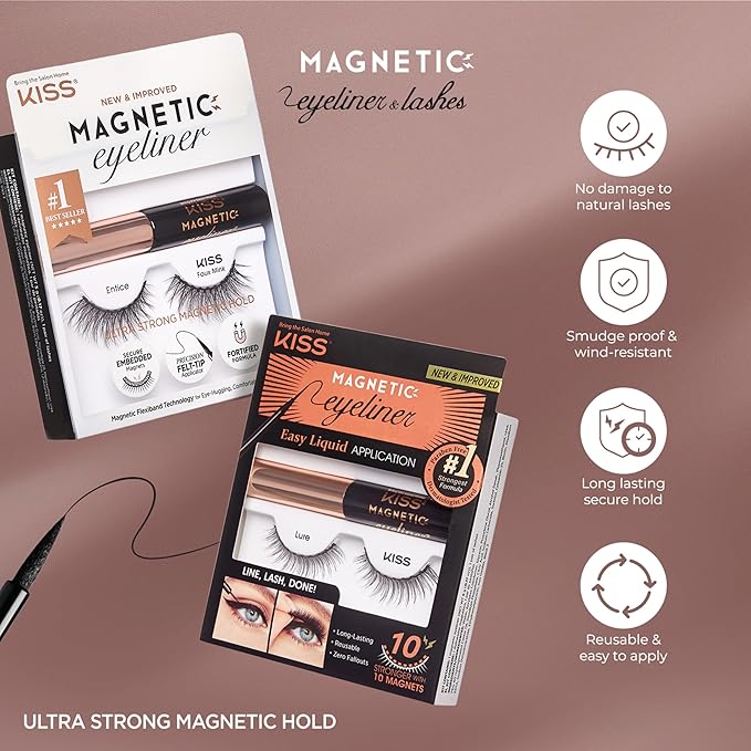 KISS Magnetic False Eyelashes and Eyeliner, ‘Entice’, 12mm, Easy to Apply, Reusable, No Glue, Flexiband Technology, Precision Felt Tip, Fortified Formula, 1 Pair Strip Lashes (Pack of 2)