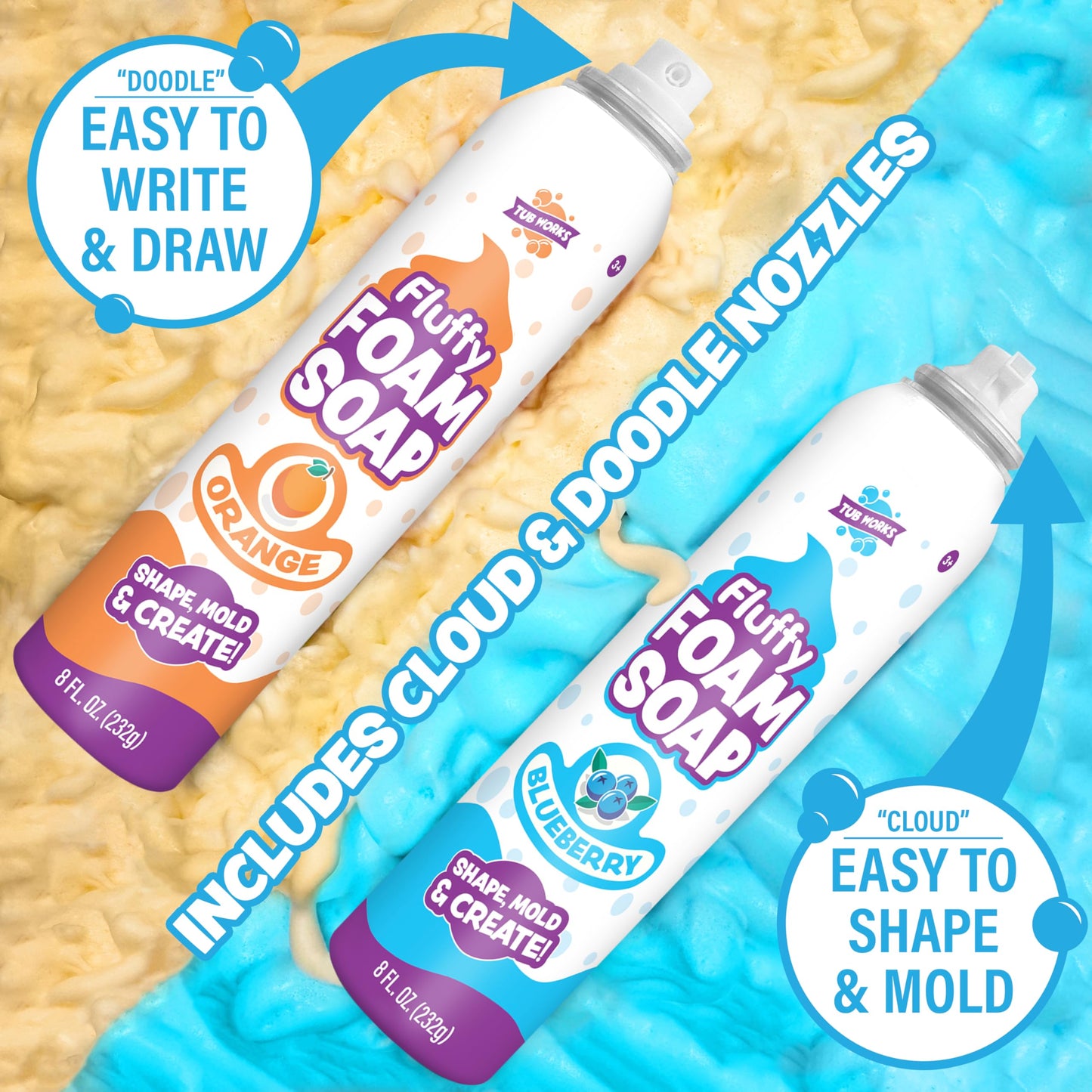 Tub Works® Fluffy Foam Soap, Variety 6 Pack | Shape, Mold & Create Bath Art with Soft Bath Foam for Kids | Gentle, Cleansing Kids Bath Soap | Easy-to-Use Spray Nozzles | Fruity, Fun Bath Colors