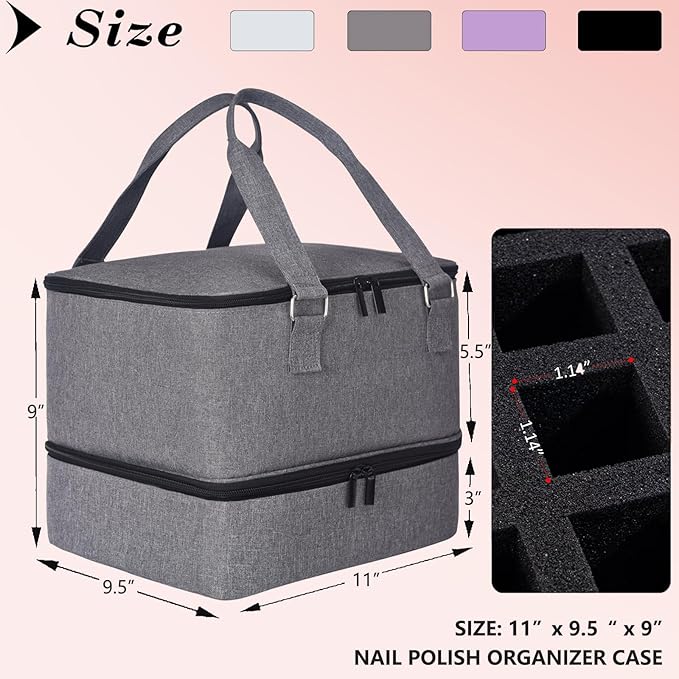 Nail Polish Organizer Case - Holds 42+ Bottles (15ml/0.5 fl.oz) and 1 Nail Lamp, Upgraded Double-layer Nail Polish Carrying Case Nail Polish Storage Bag with Handles (Grey)