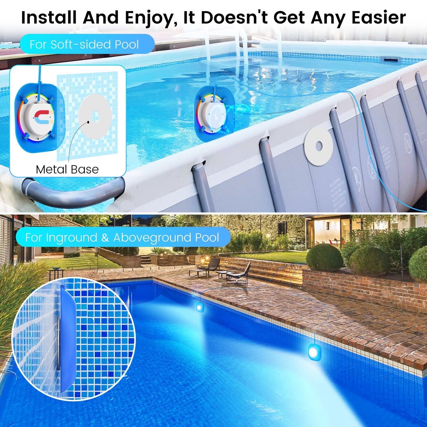 LyLmLe LED Pool Lights for Aboveground Pool, 50W 2 in 1 Double Lights for Giant Pool, Magnetic Underwater Lighting with Timer, 2000lm Dimmable,2x25W IP68 Waterproof Underwater Light for IngroundPool