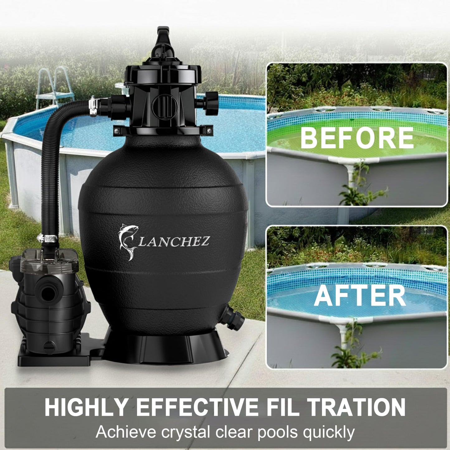 LANCHEZ Sand Filter Pump for Above Ground Pool, Pool Pumps Above Ground, Pool Sand Filter with 7-Way Valve, 13in(3,500GPH)