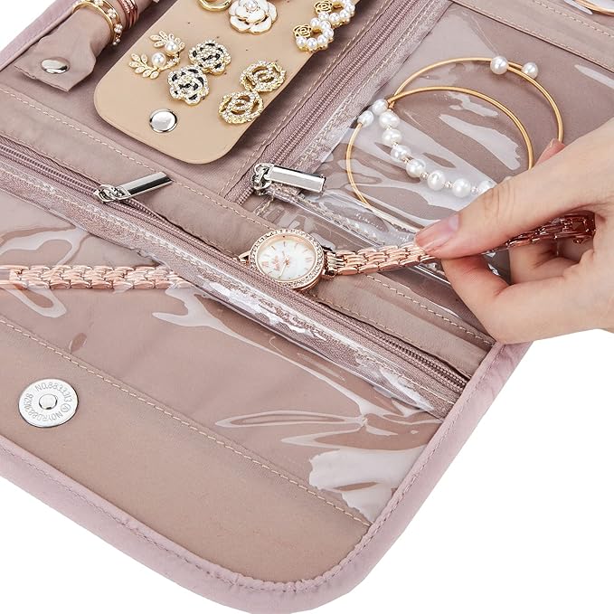 BELALIFE Travel Jewelry Case Organizer, Medium Foldable Storage Roll for Earrings, Necklaces, Rings, Bracelets, Brooches, Pink