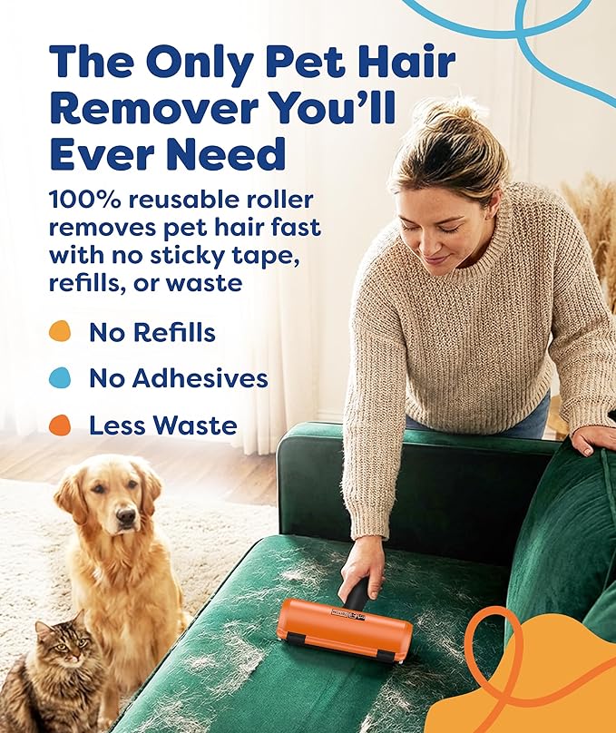 Triton Pet Hair Removal Tool w/Fur Trapping Compartment, 60% Smaller Storage Size, Reusable Shedding Roller, Cat and Dog Hair Remover for Car, Furniture, Carpet, Couch (Orange)