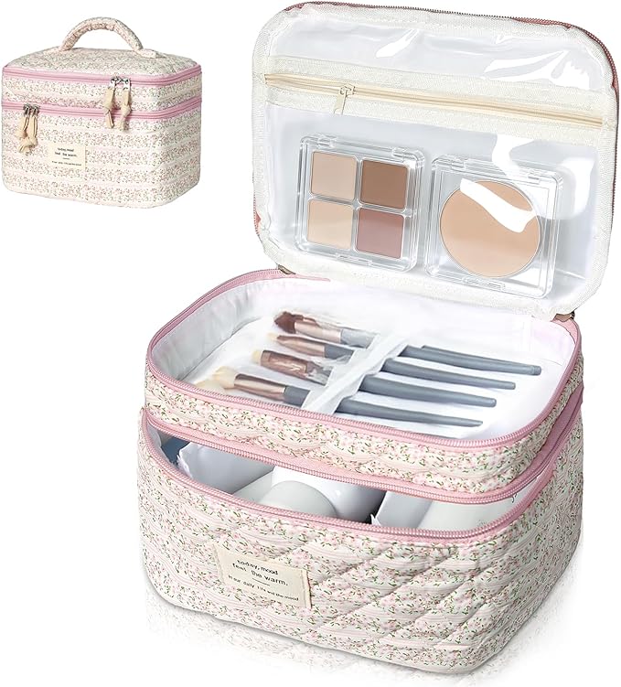Makeup Bag, Portable Travel Make up Bag, Large Capacity Quilted Cosmetic Organizer Bag, Cute Floral Toiletry Bag for Women Girls (Pink Flower)