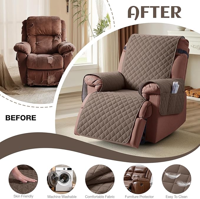 KinCam 100% Waterproof Recliner Chair Cover, Reclining Couch Covers for Pets, Dogs, Recliner Couch Slipcover Furniture Protector with Elastic Straps for Kids(28", Brown)