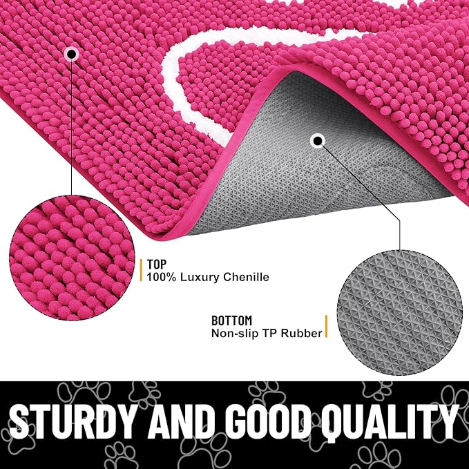 Smiry Dog Door Mat for Muddy Paws, Absorbent Dirt Trapper Non Slip Quick Dry Washable Chenille Mat for Mud Dogs, Entry Rug for Indoor and Outdoor (36x24 Inches, Hot Pink and White)