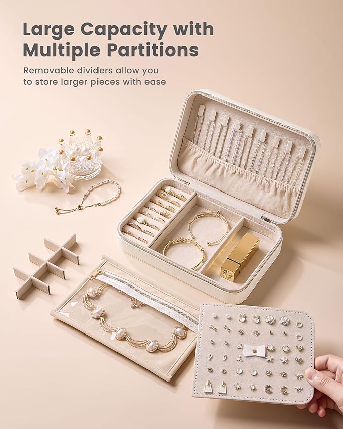 Lolalet Travel Jewelry Case for Women Girls, Travel Jewelry Organizer with Clear Storage Bag Small Portable Jewelry Box for Necklace Bracelet Earring Ring Birthday Bridesmaid Gifts -Large/Beige