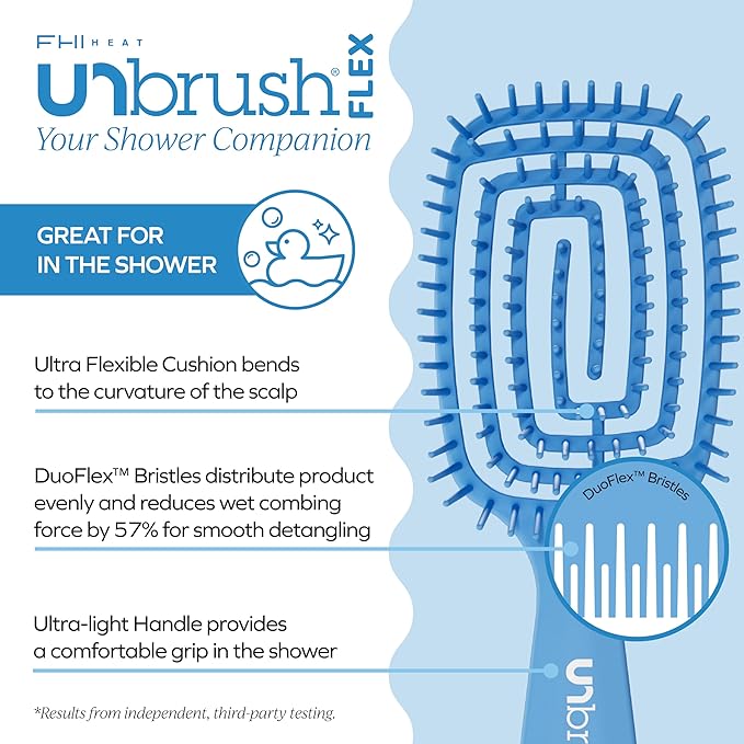 FHI Heat UNbrush Flex Detangling Brush — Ultra-Flexible, Pain-Free Hair Brush Detangler with DuoFlex Anti-Static Bristles for Removing Tangles, Massaging Scalp & Faster Styling - Blue