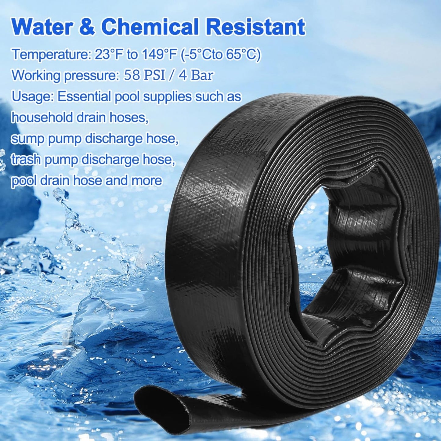 Gonioa Pool Backwash Hose 1 1/2 Inch Diameter x 25 Feet - Heavy-Duty PVC Pool Drain Hose, Reinforced Discharge Hose with Clamp for Swimming Pools, Black