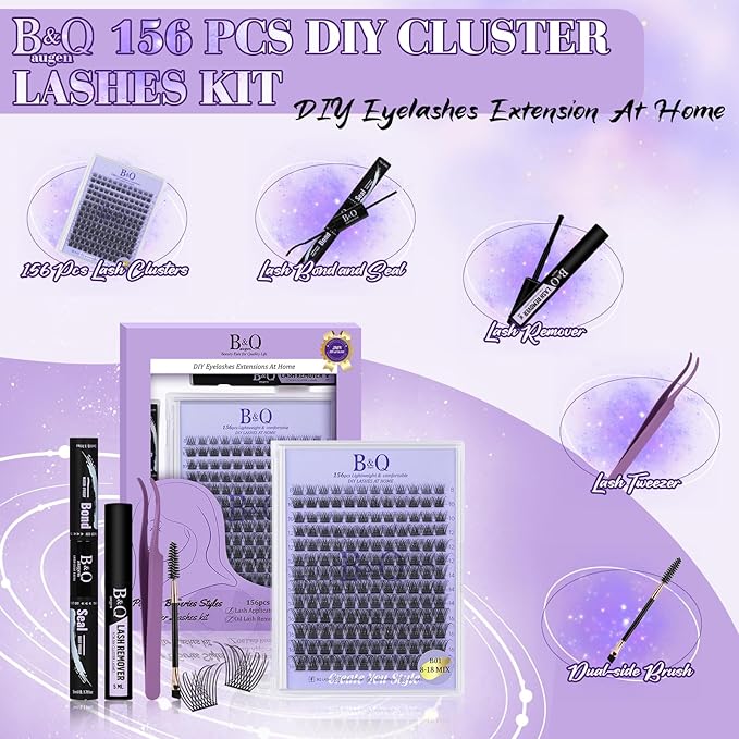 B&Q Wispy Lash Clusters Kit B01, DIY Lash Extension Kit 156PCS Eyelash Extension Kit, Soft Natural Lash Clusters 8-18MIX D Curl Lash cluster, Thin Black Band Cluster Eyelash Extensions (B01 Set)