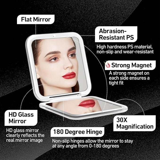 30X Magnifying Mirror, Compact Travel Mirror for Purse & Pocket, Double-Sided 1X/30X HD Makeup Mirror with Tweezers - Portable Mirror for Eyebrow Plucking, Daily Beauty & Travel Essentials, Black