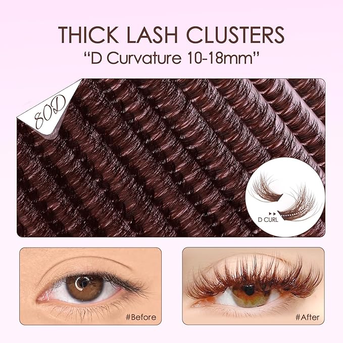 SOFENIDA Brown Lash Clusters Dark Brown 80D Individual Cluster Lashes 10-18mm Volume Eyelash Extension Cluster Eyelash Extensions 3D Thick Lash Clusters Wispy Lashes Clusters(Brown 80D-10-18MIX)