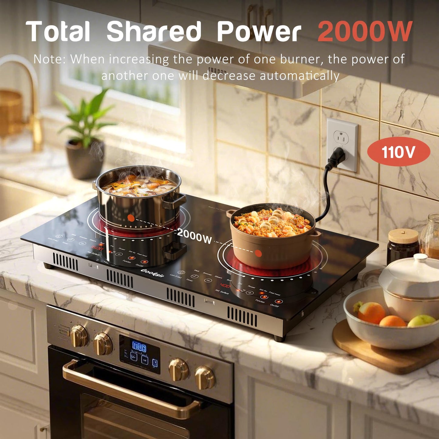 Cooksir 2 Burner Electric Cooktop - 24 Inch(23.6"x 13.8") Built-in & Countertop Electric Stove Top, 120V Double Burner Ceramic Cooktop Portable with Safety Lock, Timer, Touch Control, 110V Plug in