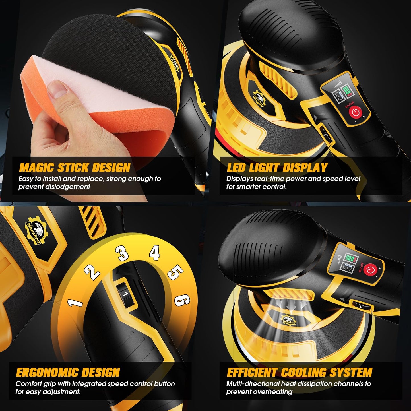Niusken Cordless Car Buffer Polisher kit [2x 2000mAh 21V Batteries & 18 PCS Attachments] 6-Speed Orbital Design, LED Display, Lightweight Detailing Tool for Waxing, Polishing & Scratch Removal-Yellow