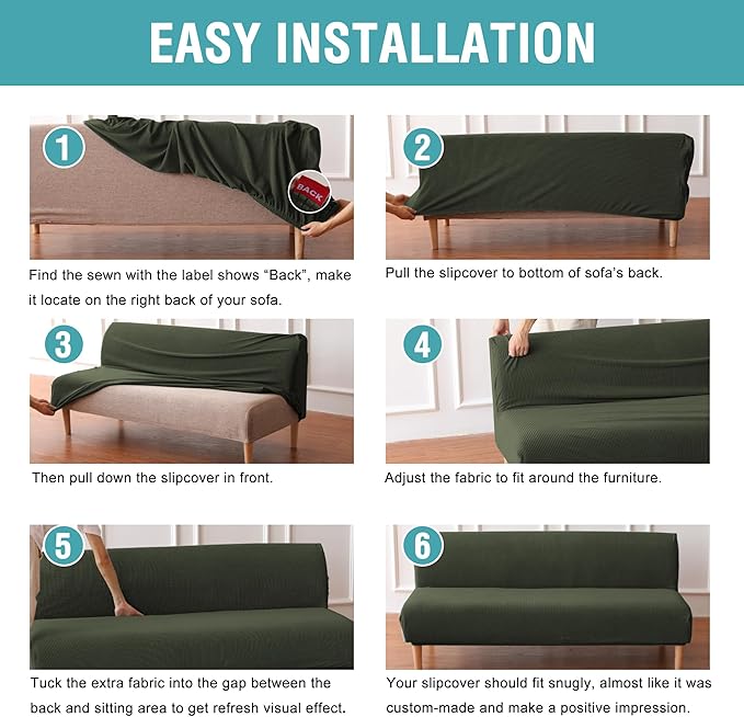 H.VERSAILTEX Armless Futon Cover Stretch Sofa Bed Slipcover Protector Elastic Feature Rich Textured High Spandex Small Checks Jacquard Fabric Futon Cover, Machine Washable, Olive