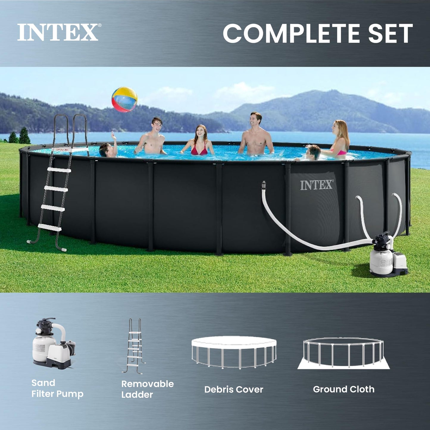 INTEX Ultra XTR 24 ft x 52 in Above Ground Pool Set, Round Swimming Pool with Steel Frame, 2100 GPH Sand Filter Pump, Ladder, Cover, & Ground Cloth