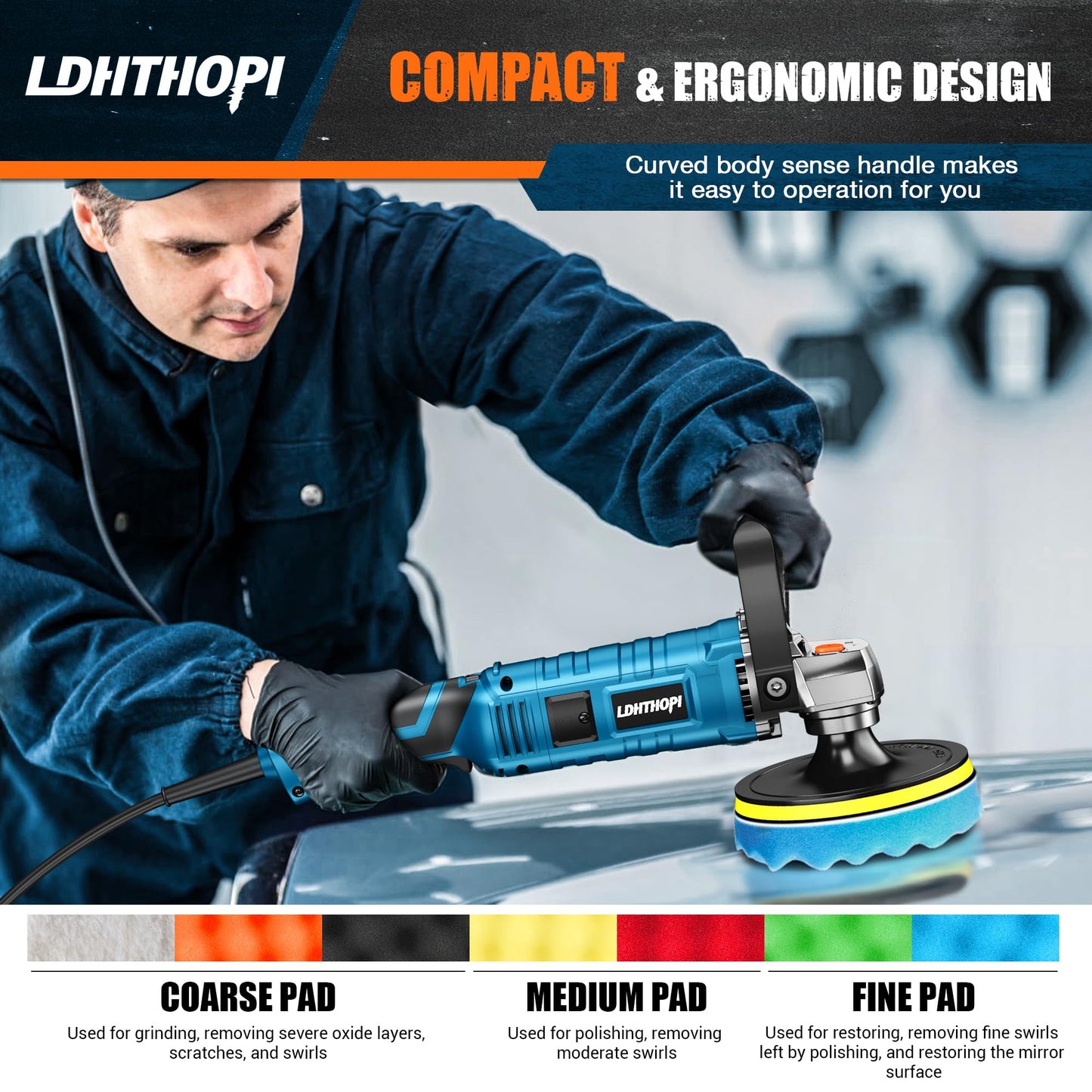 LDHTHOPI Buffer Polisher, 1600W 7 Inch/6 Inch Rotary Buffer Polisher Waxer, 7 Variable Speed 1000-3500 RPM, Detachable Handle for Car, Boat Sanding, Polishing, Waxing