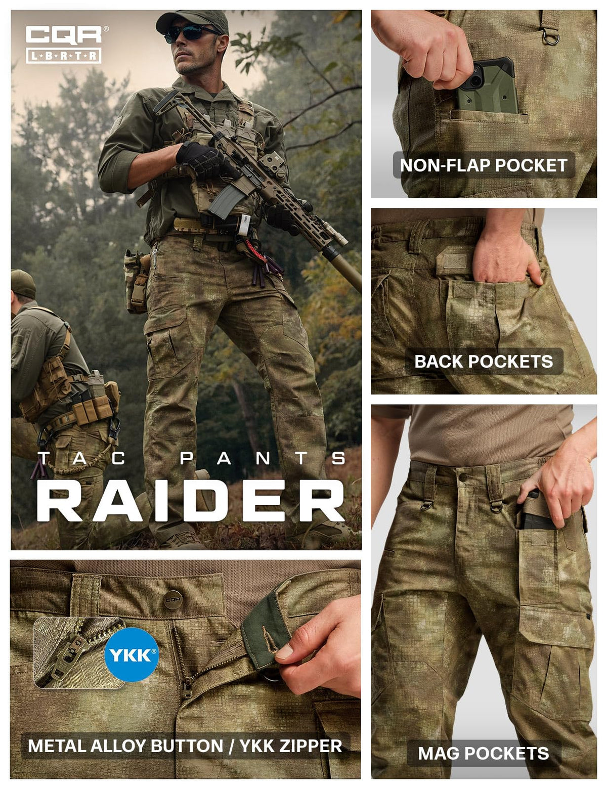 CQR Men's Tactical Pants, Water Resistant Ripstop Cargo Pants, Lightweight EDC Work Hiking Pants, Outdoor Apparel, Duratex Mag Pocket Print Fractal Camo, 34W x 34L