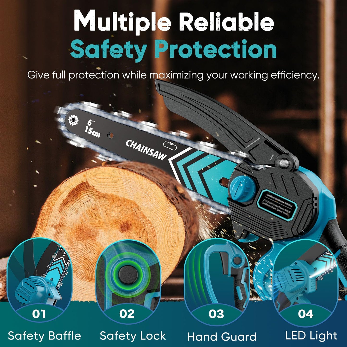 Chainsaw 6-Inch 2 Pack 2000mAh Battery Hand Mini Chain Saw Birthday Christmas Gifts for Men Portable Cordless for Wood Cutting Tree Trimming Projects Gardening Tools (Blue-2 Battery)