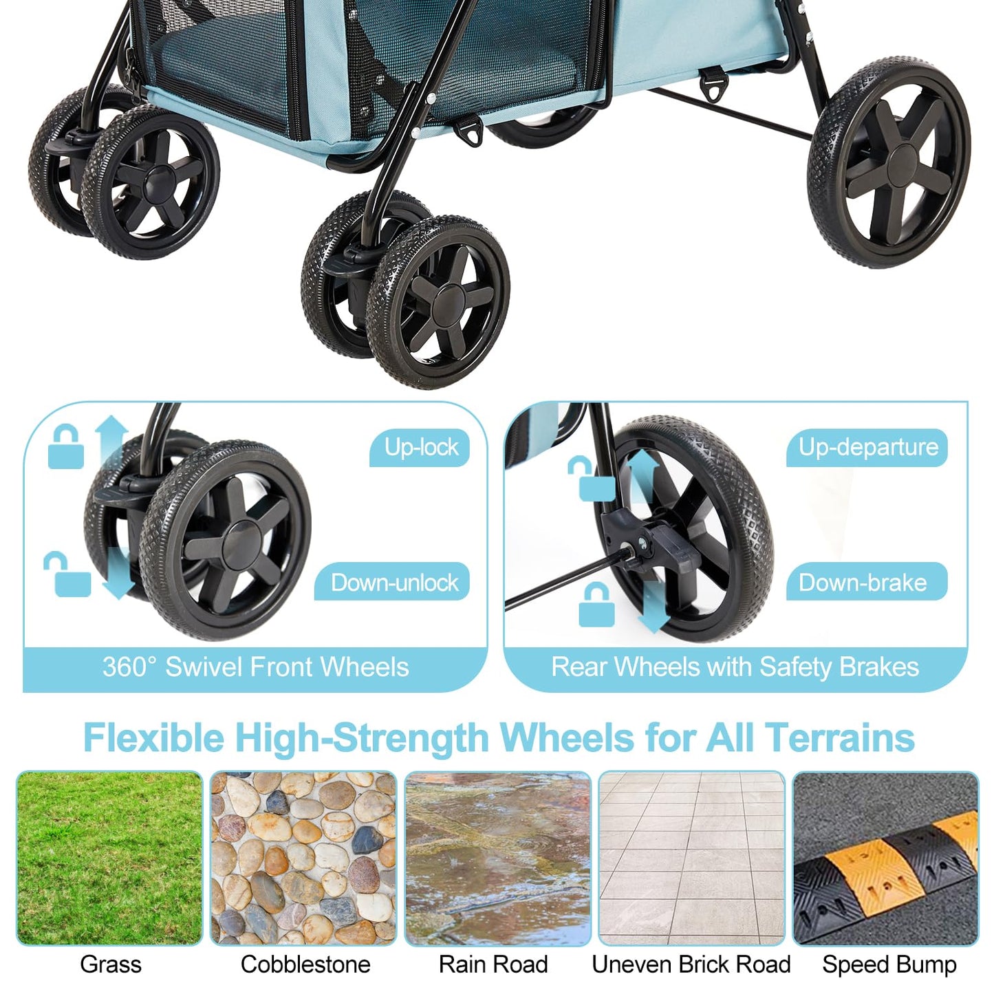 LPOTIUS Double Pet Stroller for Dogs and Cats with 2 Detachable Carrier, Quick-Folding Dog Stroller for Medium Small Dogs Cats, 4 Wheels, Light Blue
