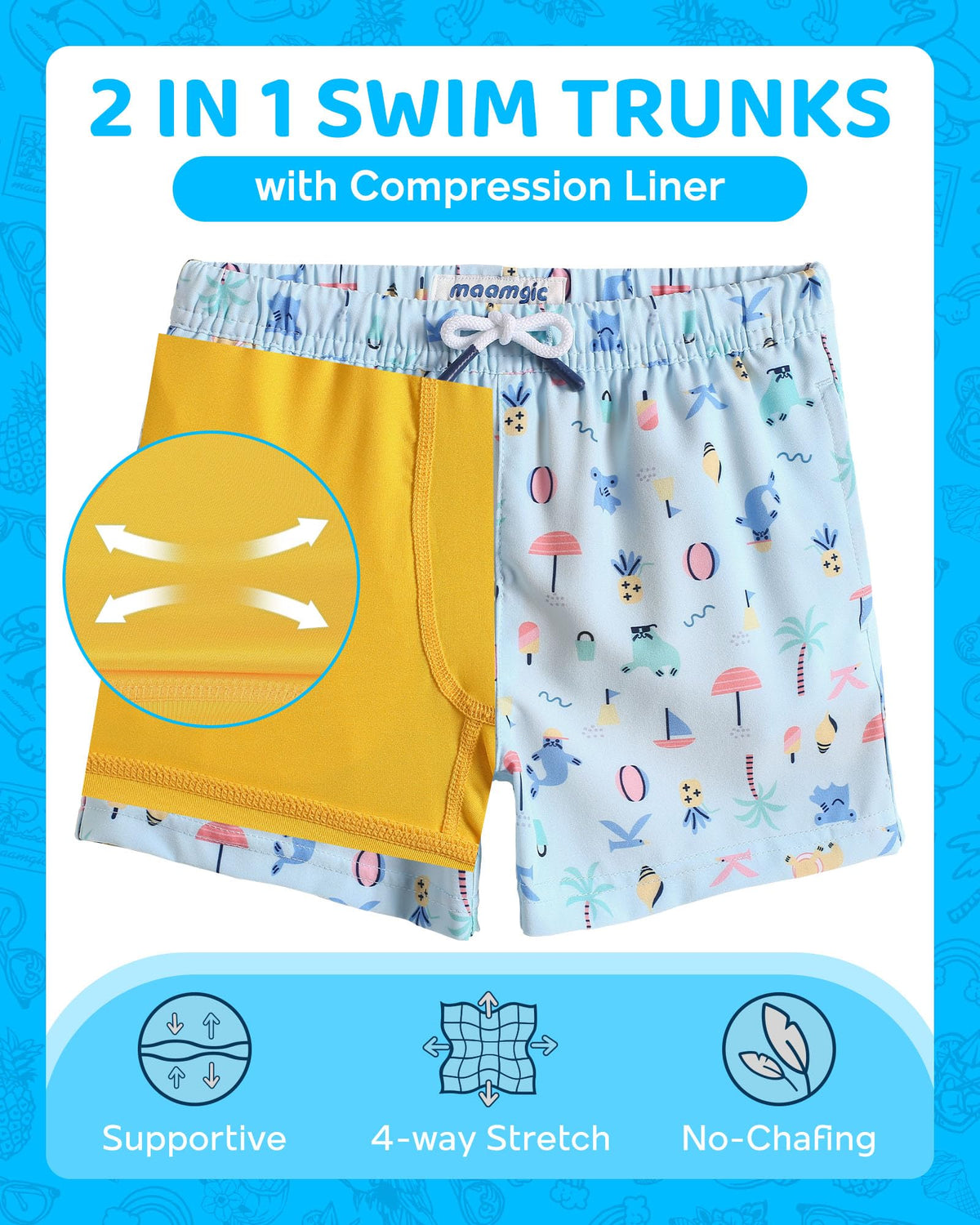 maamgic Boys Swim Trunks with Compression Liner Toddler Boy Swimsuit Quick Dry 4-Way Stretch Swimming Trunks Funny Pale Blue 8 Years