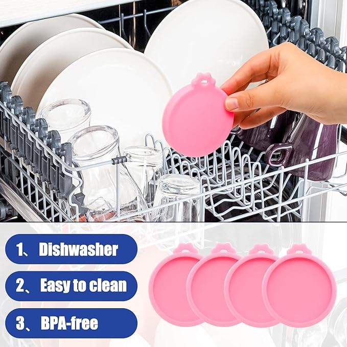 PINE & LINEN 4 Pcs 2.5inch Durable Pet Can Lids, Silicone Small Pet Can Covers Waterproof Cat Food Cans Lids for 3 oz Cat Food Cans（Pink）