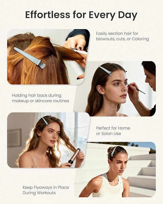 AIMIKE 4.8" Hair Clips for Styling – Built-In Silicone Band Duckbill Hair Clips, No-Crease Sectioning Clips for Thick, Curly Hair, Ideal for Makeup, Hairstyling & Rollers, 6-Pack, Sage Green