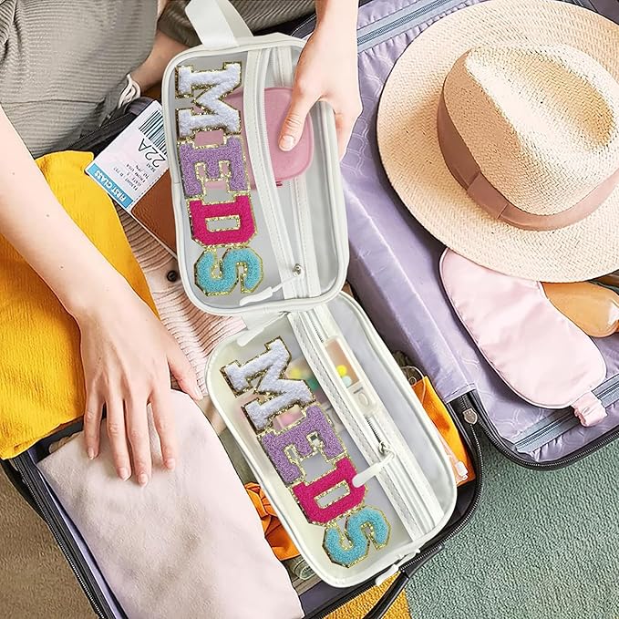 COSHAYSOO Clear MEDS Letter Patch Bag with Small Pill Case Organizer for Travel Purse Pouch, Cute Medicine Dispenser Mini Medication Box Vitamin Holder Women Teen Girls Preppy Christmas Gift (Pink)