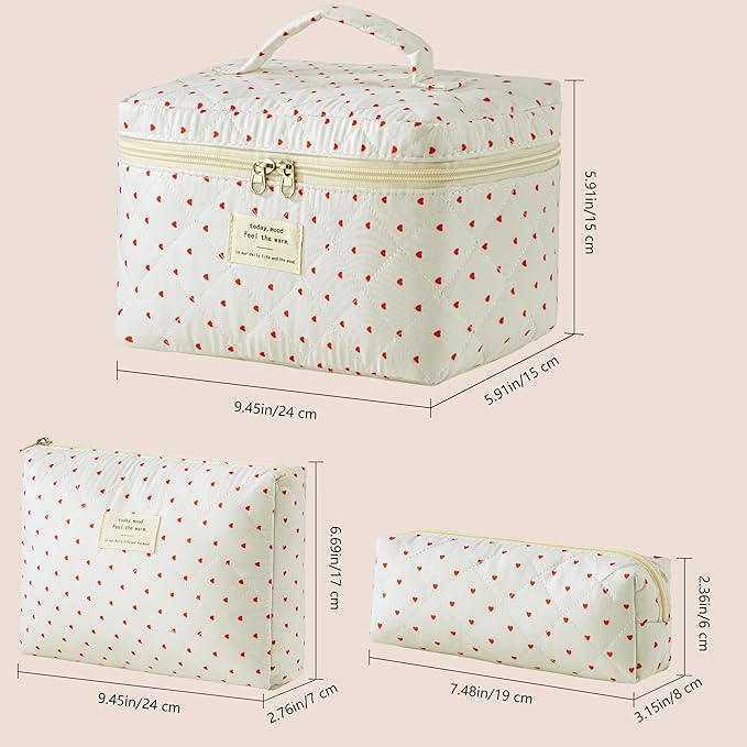 HBselect Quilted Makeup Bag, 3PCS Cotton Large Travel Makeup Bag, Cute Floral Coquette Make up Bag Cosmetic Bag Toiletry Bag for Women Girls