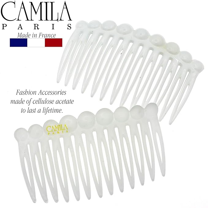 Camila Paris CP2900/2 French Hair Side Comb Small Rounded, White French Twist Hair Combs Decorative, Strong Hold Hair Clips for Women Bun Chignon Up-Do Styling Girls Hair Accessories, Made in France