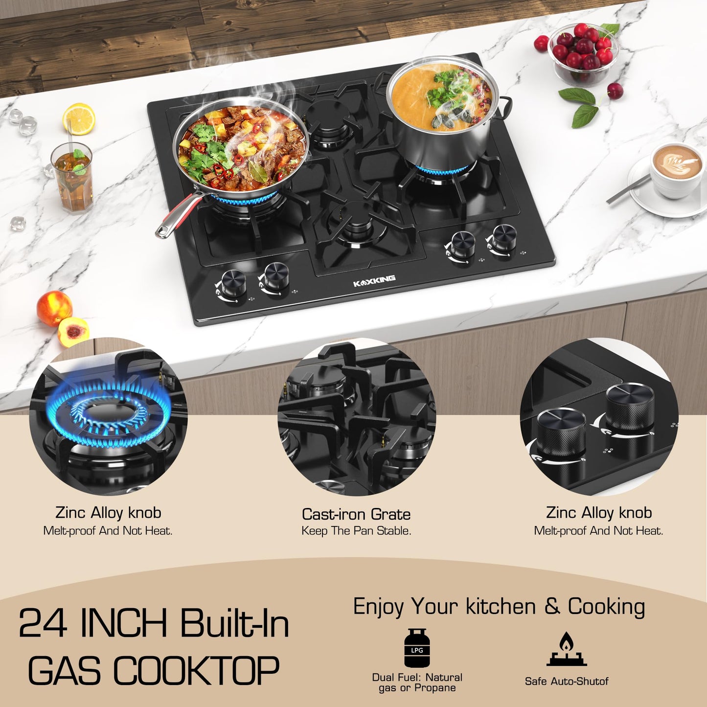 Black 24 Inch Gas Cooktop - Built-in Dual Fuel Natural Gas & Propane Stove - 4 Burner Convertible Cooktop with Thermocouple Protection