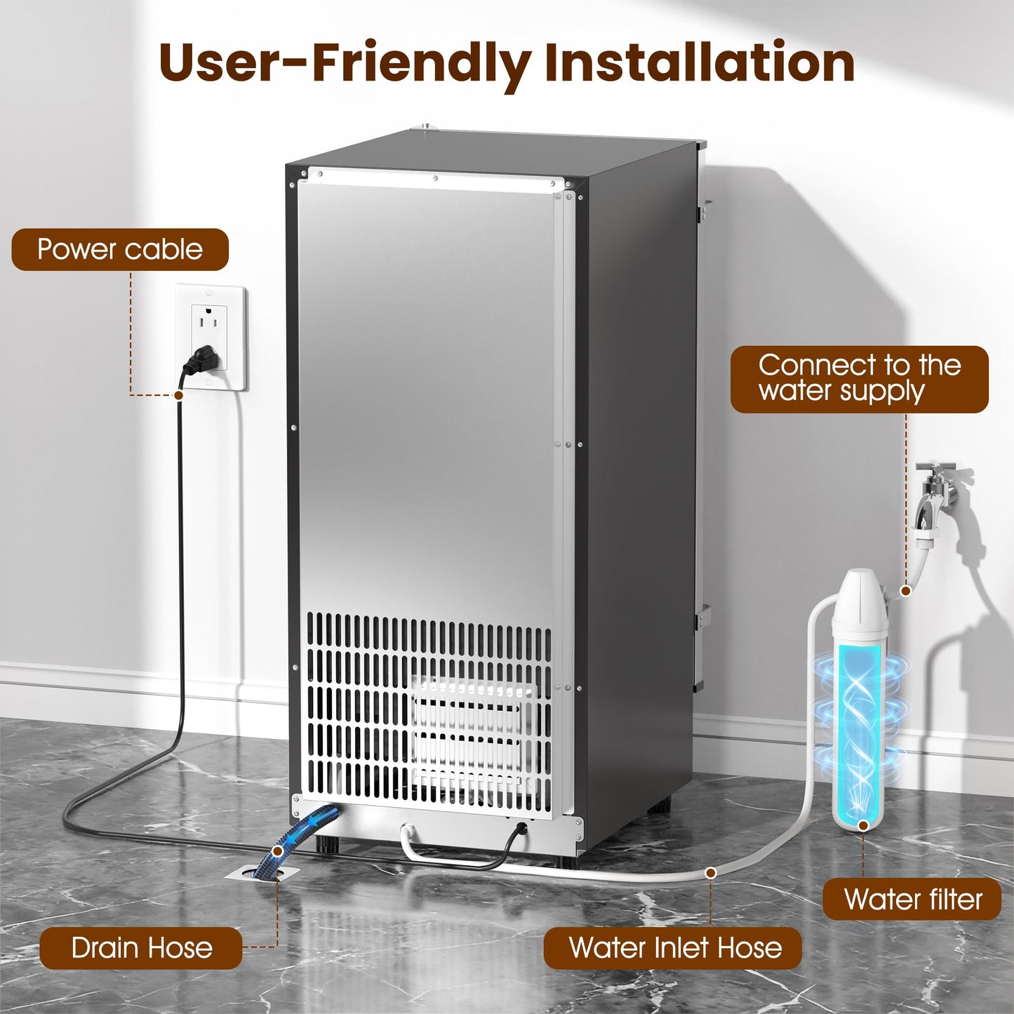 Coolake 15”W Ice Maker Under Counter 80lbs/Day with 40lbs Storage, Commercial Outdoor Ice Maker, Auto-Cleaning LCD Panel Built-in Freestanding Ice Machine for Home Bar Kitchen Office