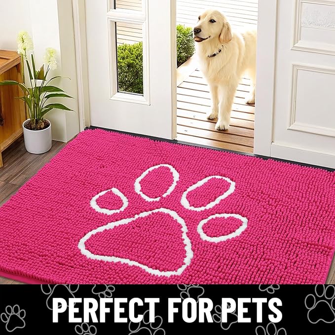 Smiry Dog Door Mat for Muddy Paws, Absorbent Dirt Trapper Non Slip Quick Dry Washable Chenille Mat for Mud Dogs, Entry Rug for Indoor and Outdoor (36x24 Inches, Hot Pink and White)