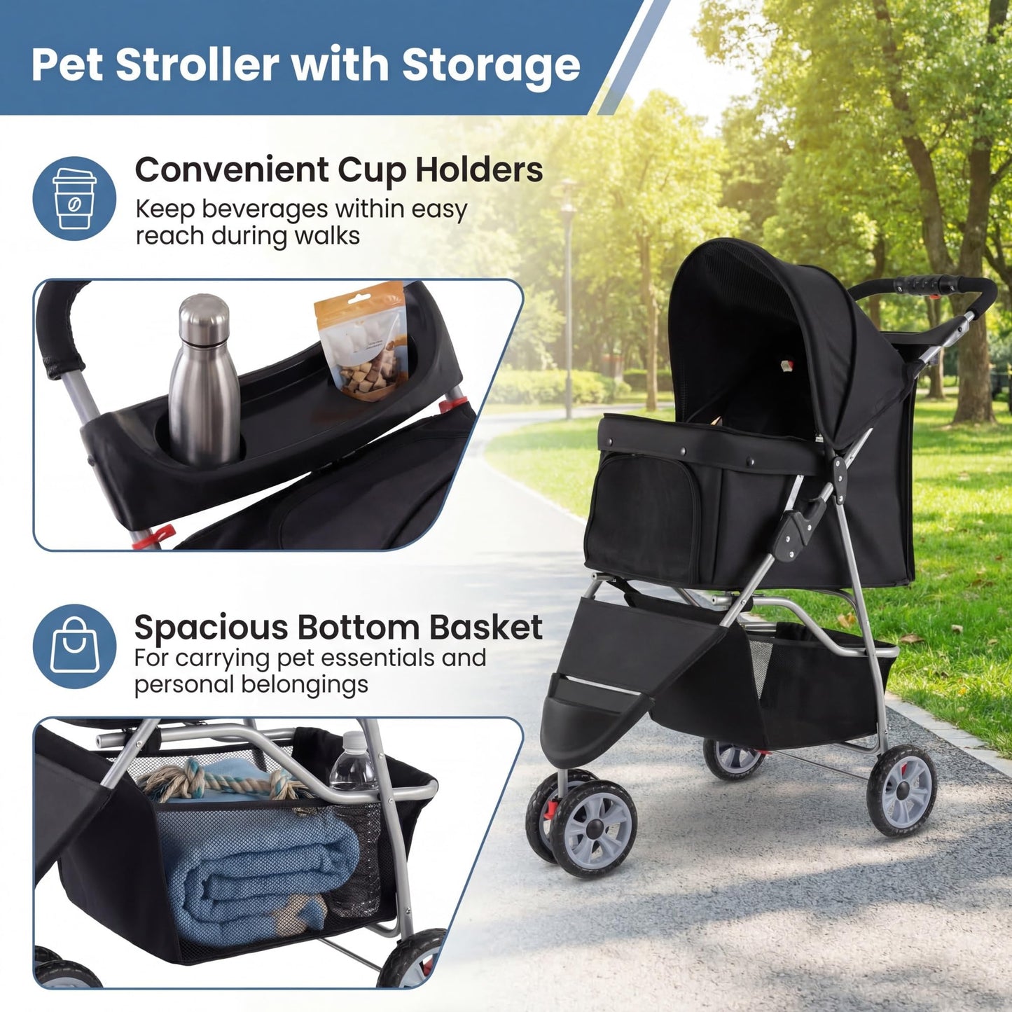 Giantex 3 Wheel Foldable Dog Stroller for Small Dogs Cats, Lightweight Pet Stroller with Lockable Wheels, One-Hand Quick Fold, Mesh Windows, Safety Leash & Storage Basket, Pet Travel Stroller (Black)