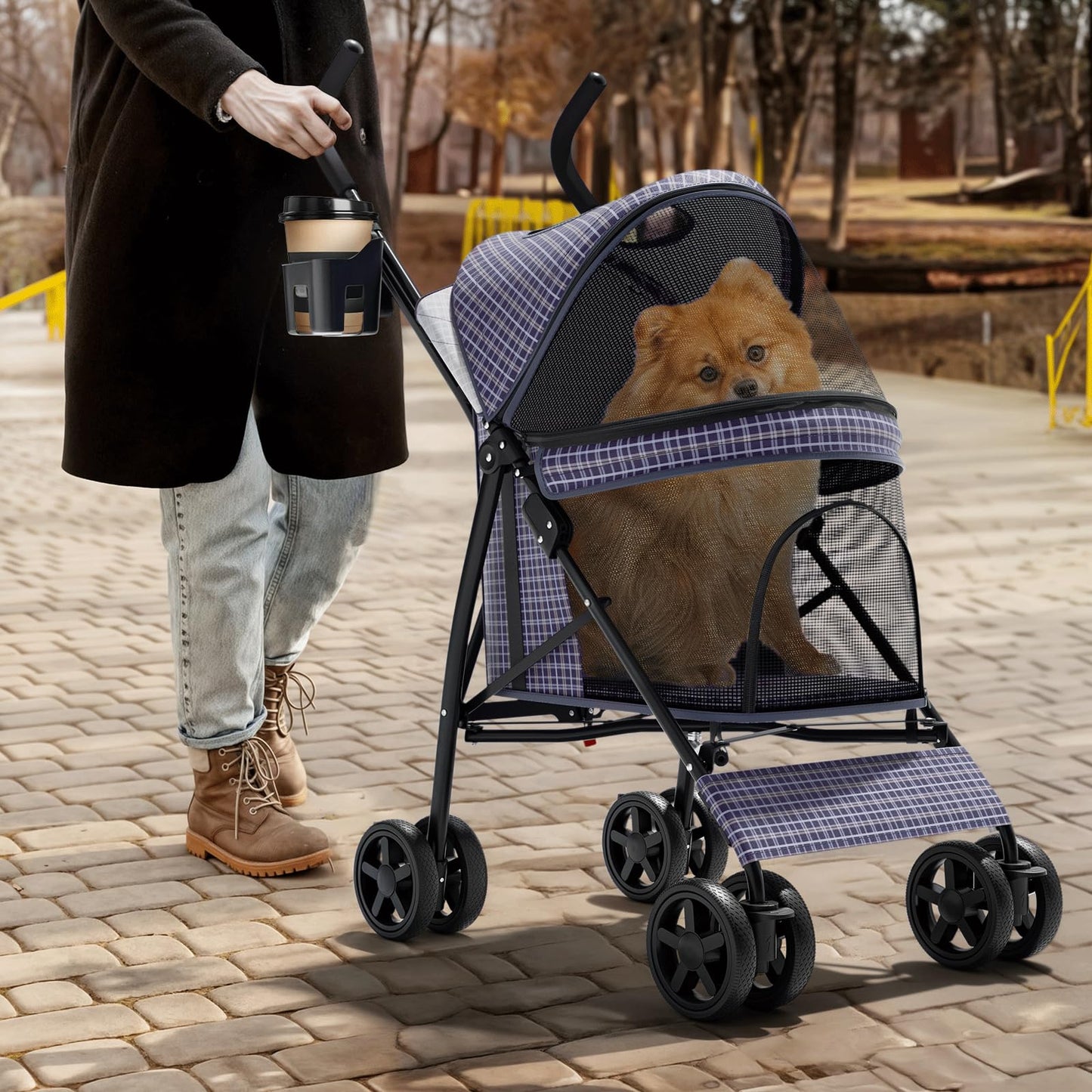 Magshion Compact Pet Stroller for Small-Medium Dogs/Cats up to 22lbs, 4-Wheel Lightweight Umbrella Shaped Portable Puppy Travel Jogger with Breathable Mesh, Cup Holder & Rear Storage, Plaid