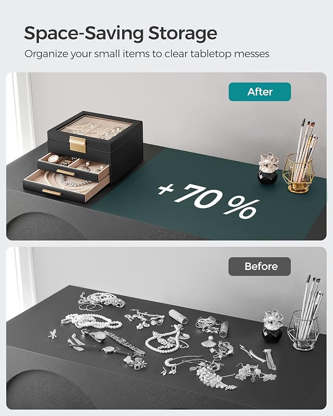 SONGMICS GISELLA Collection - Jewelry Box Organizer, 3-Layer Jewelry Storage with 2 Drawers, Shiny Metal Hardware, Glass Lid, Modern, 8 x 9.1 x 5.3 Inches, Ink Black and Gold Color UJBC239B03