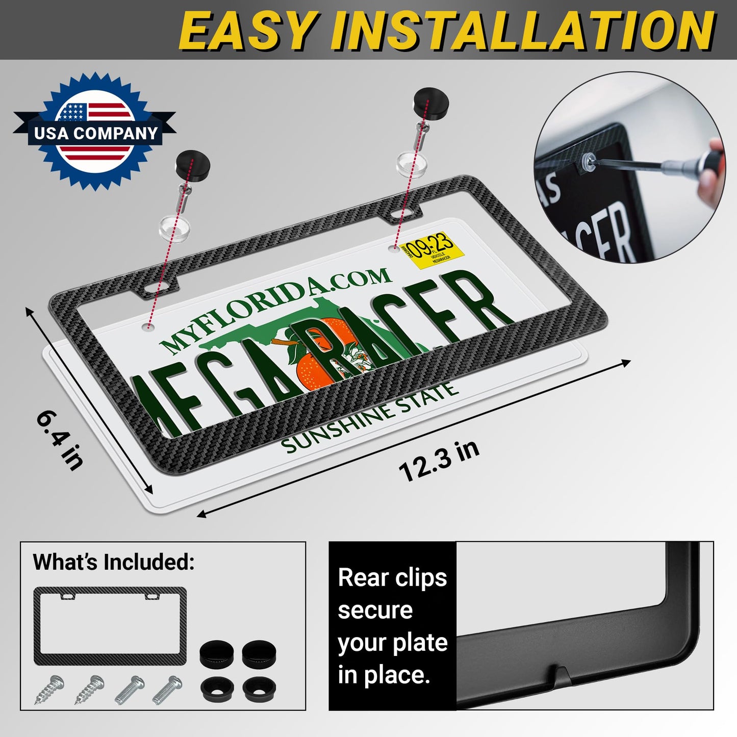 Premium Carbon Fiber Design License Plate Frame – 1 Piece, Rust-Free Stainless Steel, Rattle-Free, Universal with Screw Caps, Slim-Top, Thin Rigid Metal Car Tag Holder, Front Or Rear - Cool for Men