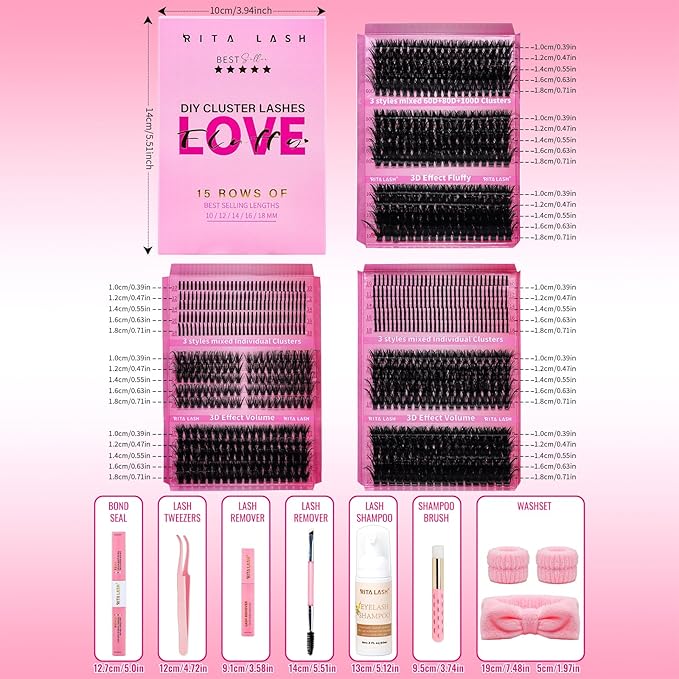 Lash Clusters Kit DIY Lash Extension Kit 3 Boxes Cluster Lashes 960Pcs Cluster Eyelash Extensions Wispy Eyelash Clusters with Lash Bond&Seal,Gift Packs for Beginners Bulk Pack(12 Counts Lash Kit-2)