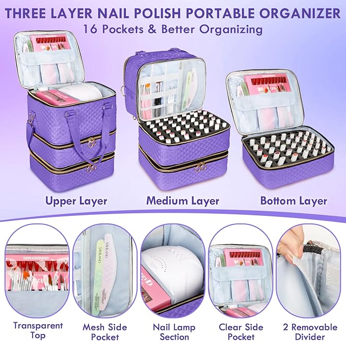 Nail Polish Organizer Bag Hold 84 Bottles(15ml/0.5 fl.oz), 3 Layers Nail Kit Supplies Organizer Bag Travel, Nail Organizers and Storage Case with Holder & Shoulder Strap, Purple