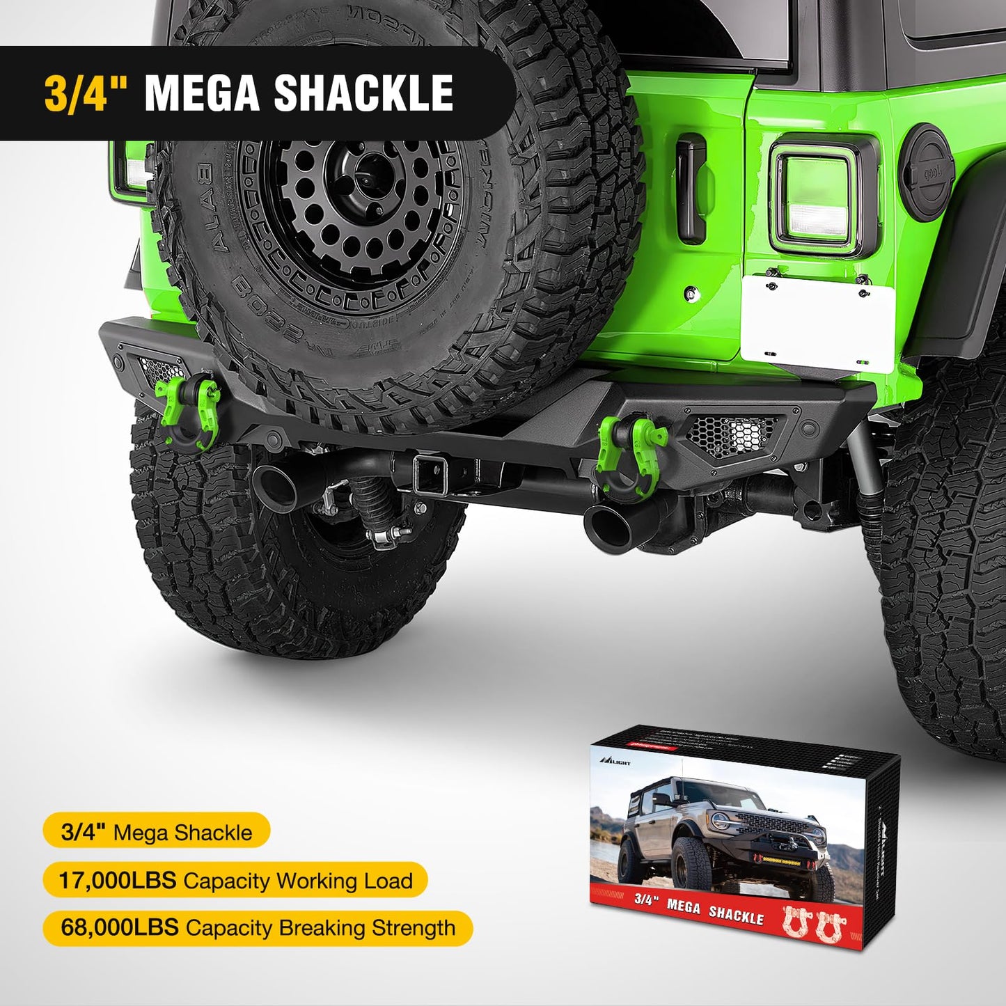 Nilight Heavy Duty Mega D-Ring Shackles(2 Pack) 68,000 lb Break Strength(17,000 lb WLL) w/ 7/8″ Screw Pin & Washers, Forged Steel Off-Road Recovery Shackles for Tow Strap & Winch Gear, Green