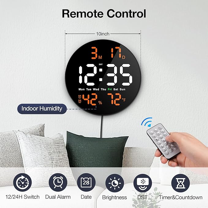 Brauthon Large Digital Clock for Classroom, Digital Classroom Clocks for Teachers, 10" Round LED Clock with Large Display，Date, Countdown Timer, Remote Control, Temperature, Electric (Orange)