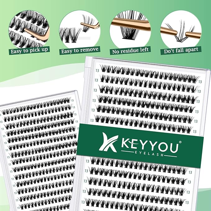 KEYYOU Lash Clusters 300pcs Individual Lashes 40D 0.07D Curl 13mm DIY Eyelash Extension Large Tray Volume Soft&Natural Cluster Lashes(40D-0.07D,13Ã¯Â¼Â