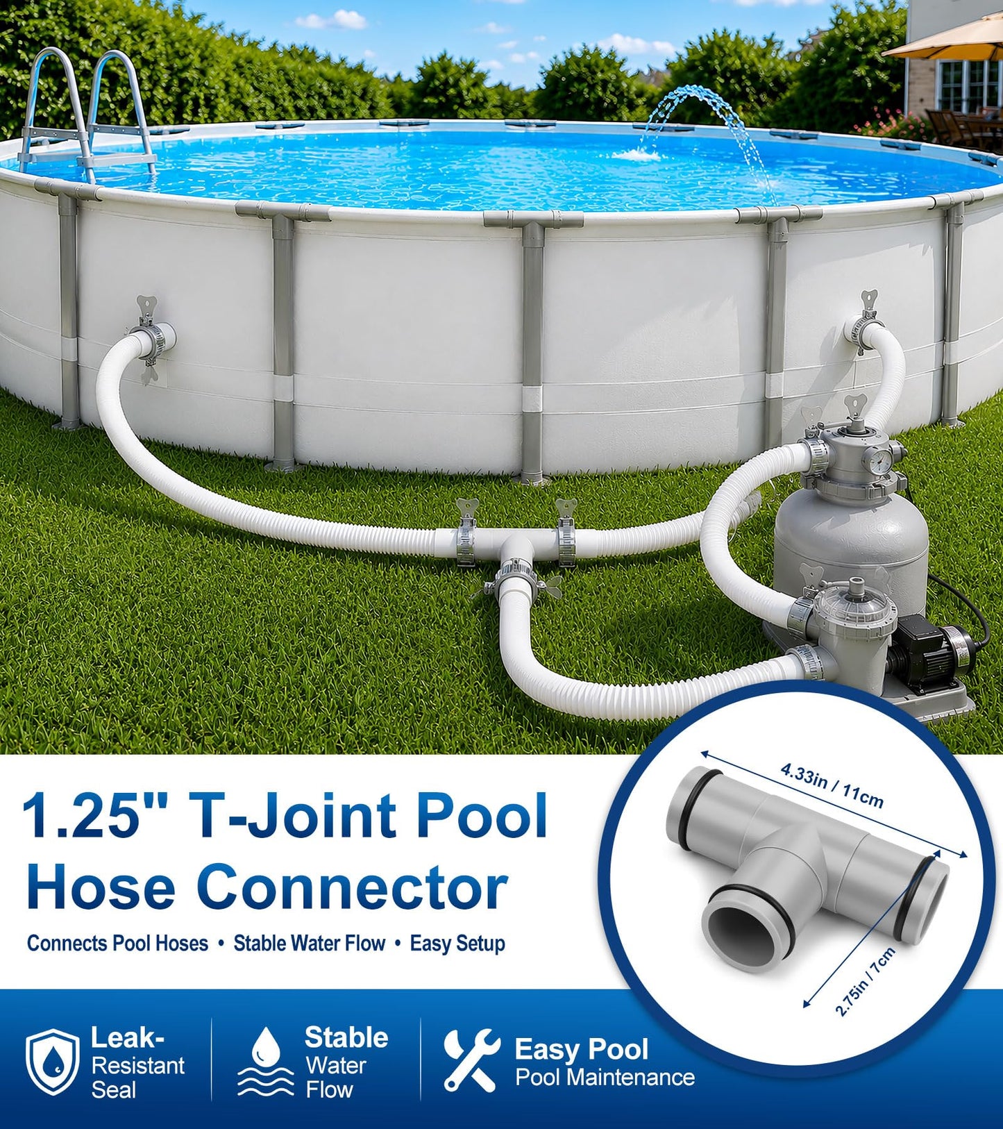 Pool Hose Connector for Leak-Proof Dual Seal and Stable Water Flow, 1.25" to 1.25" T-Joint Pool Hose Adapter for Pool Parts and Accessories Replacement, Easy No-Tool Install for Above Ground Pools