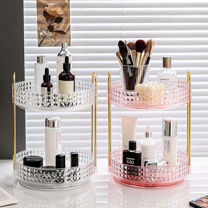 Fangoo 2 Tiers Pink Rotating Makeup Organizer for Vanity 360 Spinning Skincare Organizers for Dresser Perfume Organizer Large Skincare Make up Storage Cosmetic Organizer for Bathroom Countertop