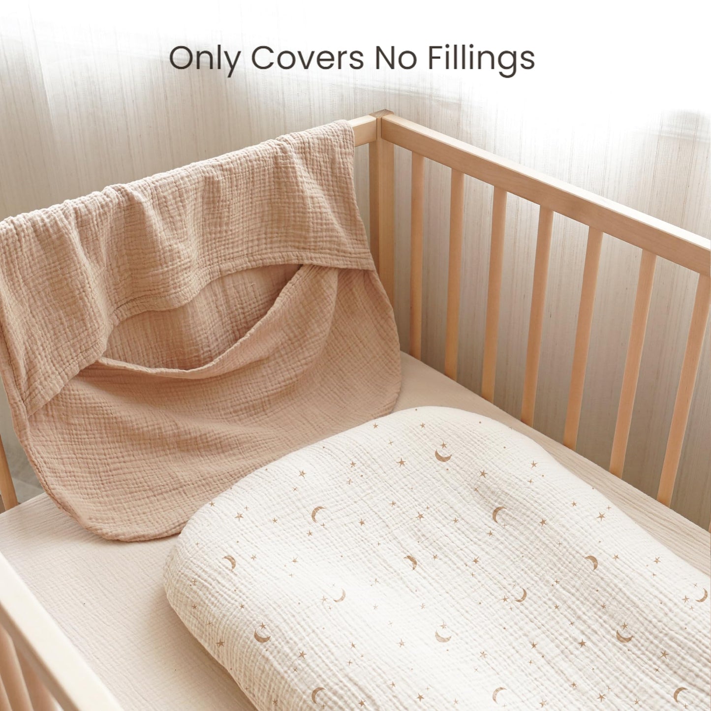 Konssy Muslin Baby Lounger Cover 2 Pack, 100% Cotton Newborn Lounger Cover, Soft and Breathable Lounger Slipcover for Boys Girls, Covers Only (Wheat,Moon)