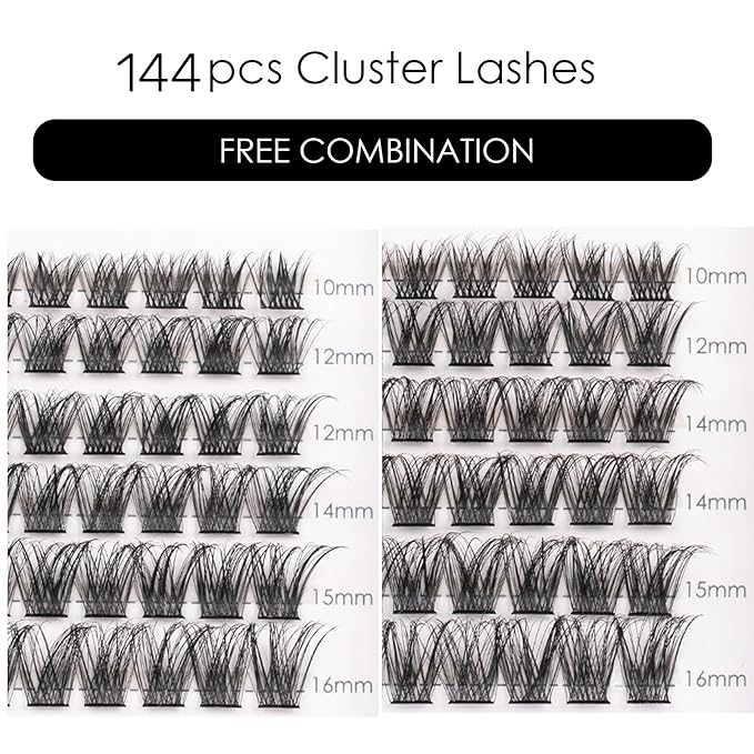 Lash Clusters 144 Pcs Individual Lashes Clusters Eyelash Extensions False Eyelashes DIY Lash Extension Reusable False Eyelashes Natural Look Mix 10-16mm-DM17