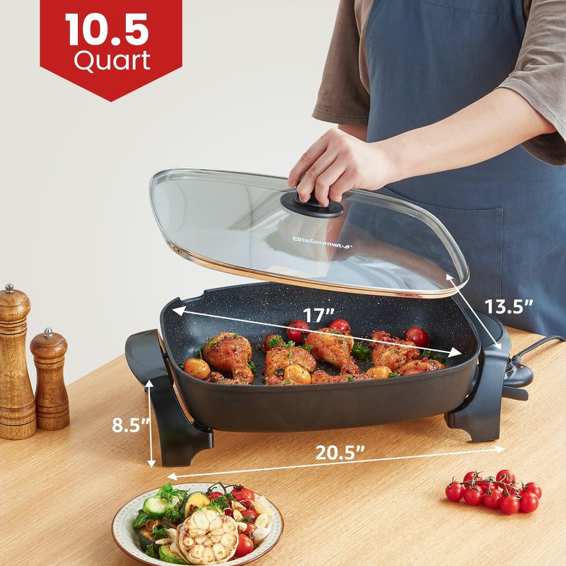 Elite Gourmet EG-6203# Extra Deep 16"x13" (10.5 Qt.) Non-Stick Electric Skillet with Glass Vented Lid & Pour Spout | Dishwasher Safe, Long-Lasting Non-Stick, 200-400°F | Serves 6-8, Black